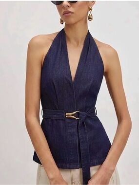 Commense Halter Neck Belted Denim Blouse NWT